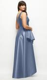 satin maxi dress with asymmetrical layered ballgown skirt