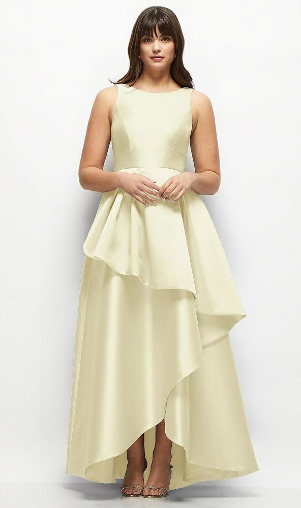 satin maxi dress with asymmetrical layered ballgown skirt