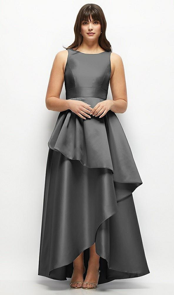 satin maxi dress with asymmetrical layered ballgown skirt