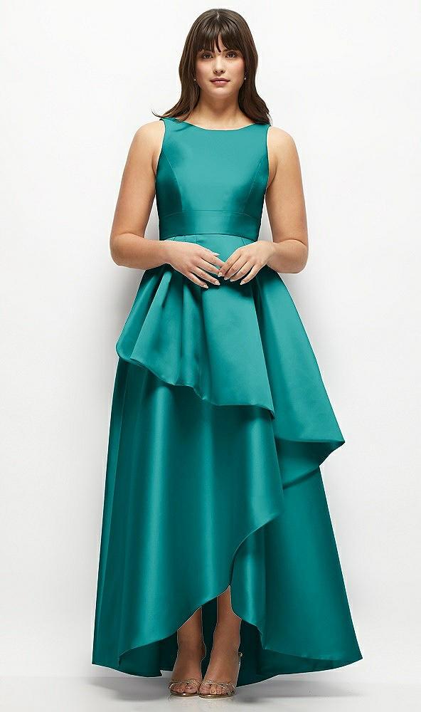 satin maxi dress with asymmetrical layered ballgown skirt