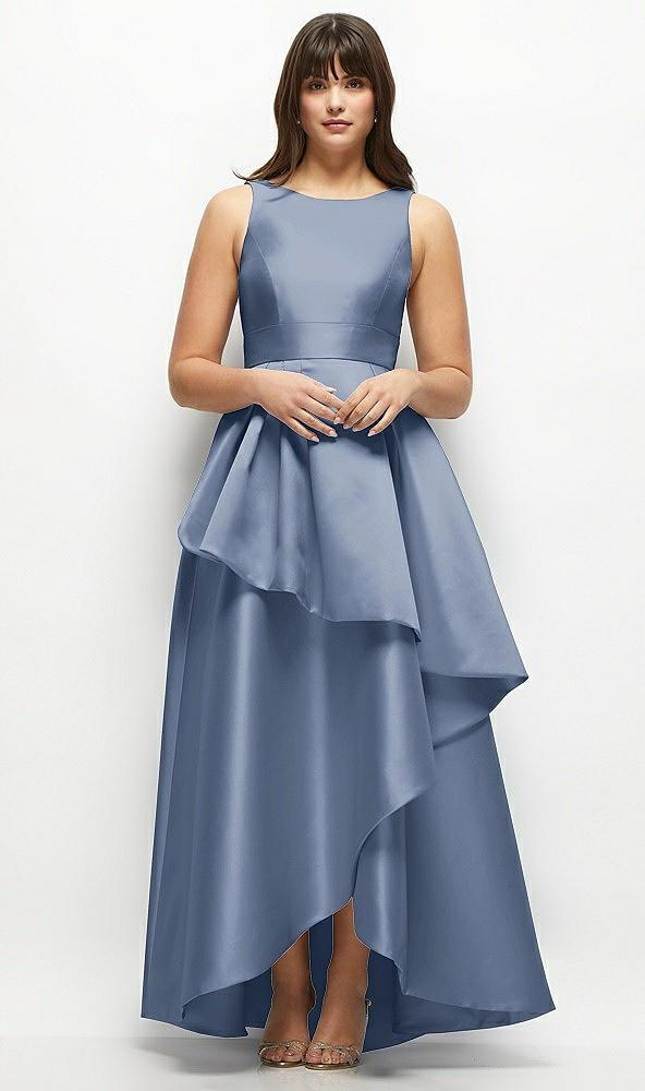 satin maxi dress with asymmetrical layered ballgown skirt