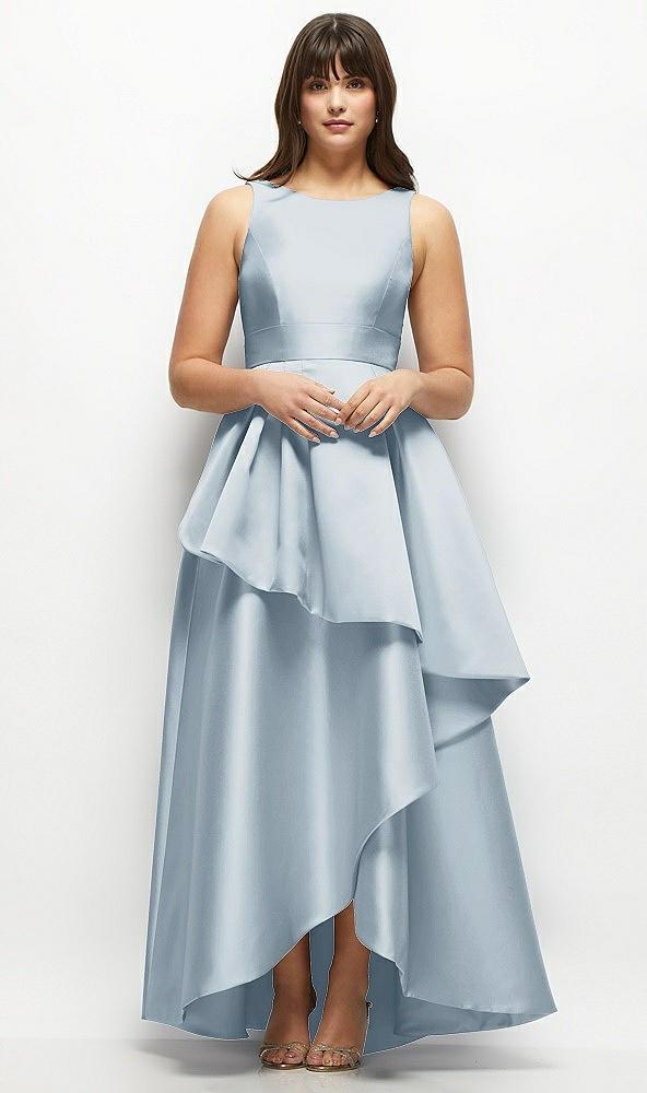 satin maxi dress with asymmetrical layered ballgown skirt