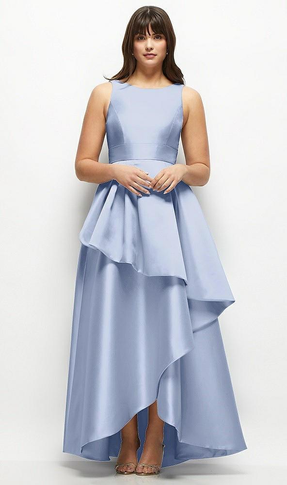 satin maxi dress with asymmetrical layered ballgown skirt