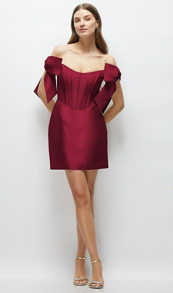 satin off-the-shoulder bow corset fit and flare mini dress