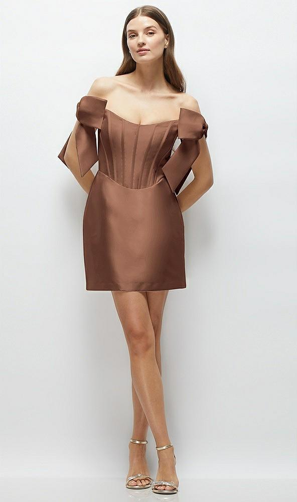 satin off-the-shoulder bow corset fit and flare mini dress