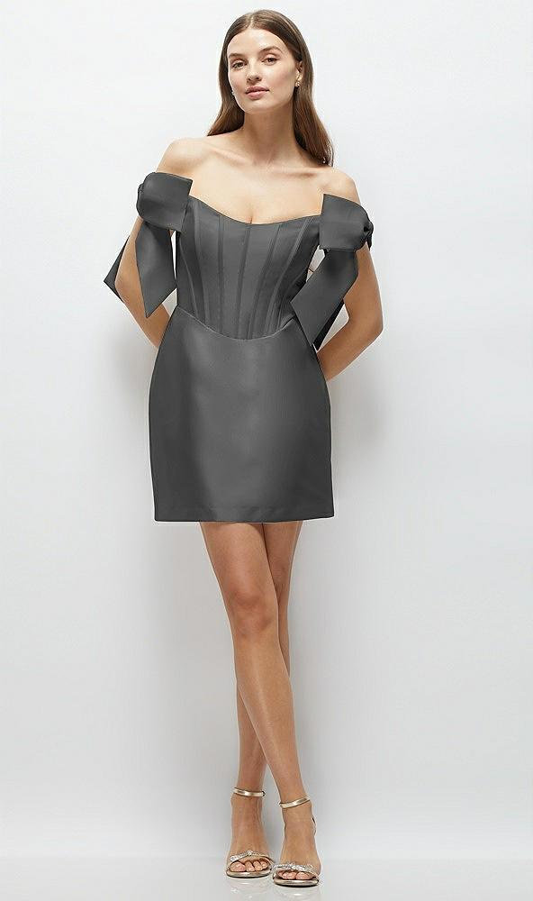 satin off-the-shoulder bow corset fit and flare mini dress