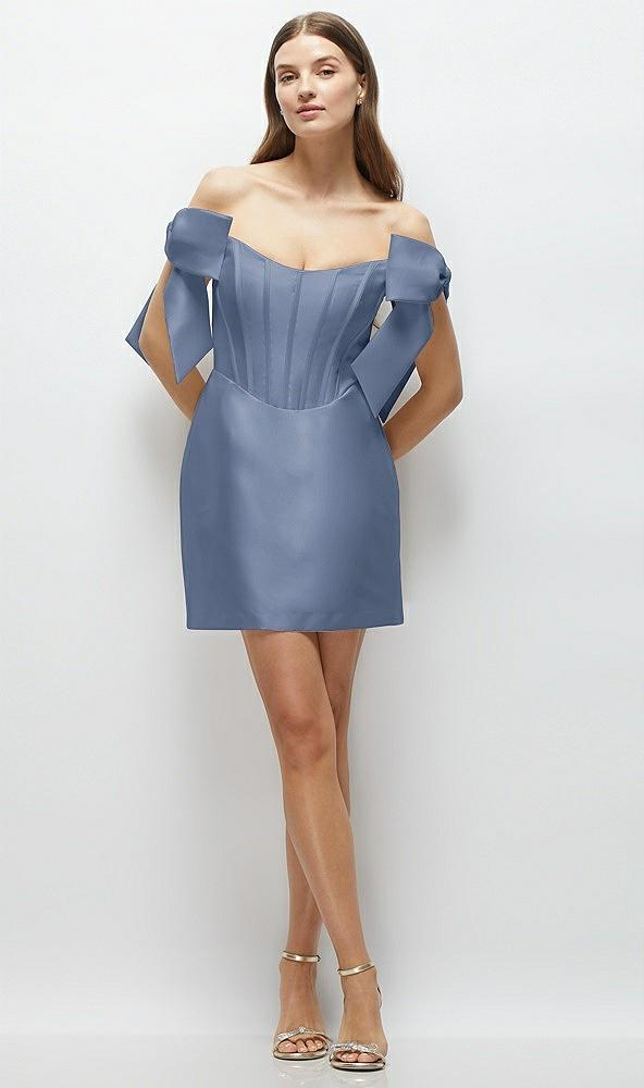 satin off-the-shoulder bow corset fit and flare mini dress