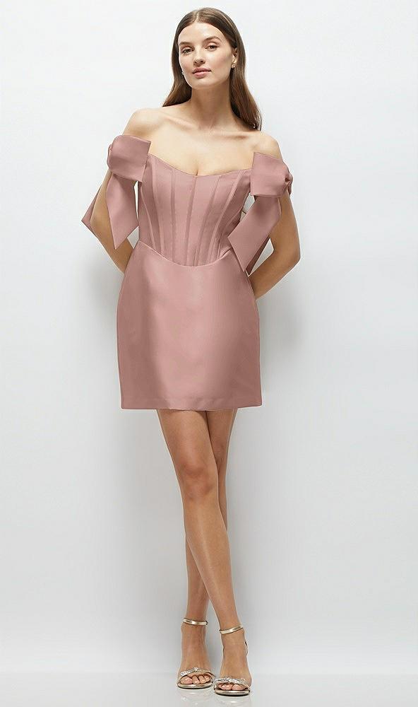 satin off-the-shoulder bow corset fit and flare mini dress