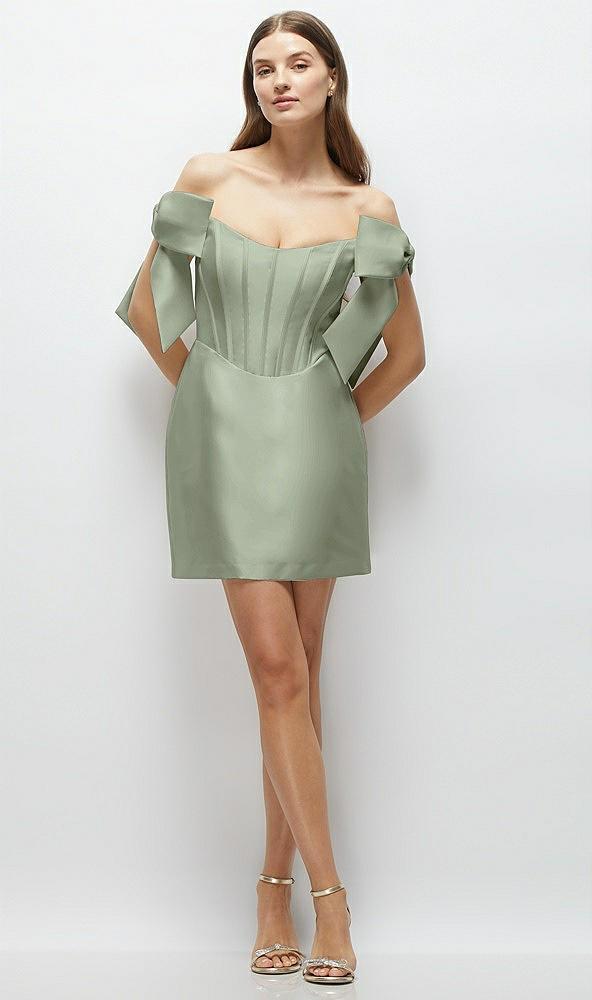 satin off-the-shoulder bow corset fit and flare mini dress