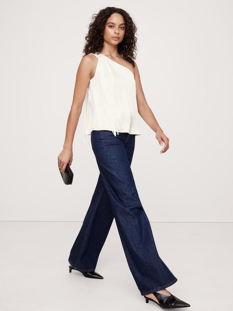satin one-shoulder fringe top