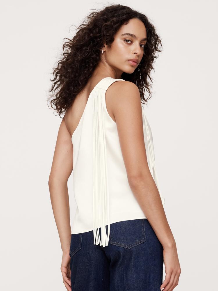 satin one-shoulder fringe top