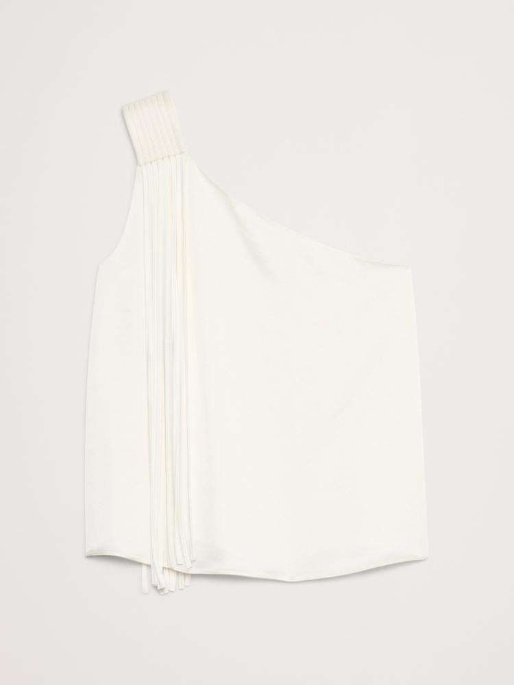 satin one-shoulder fringe top