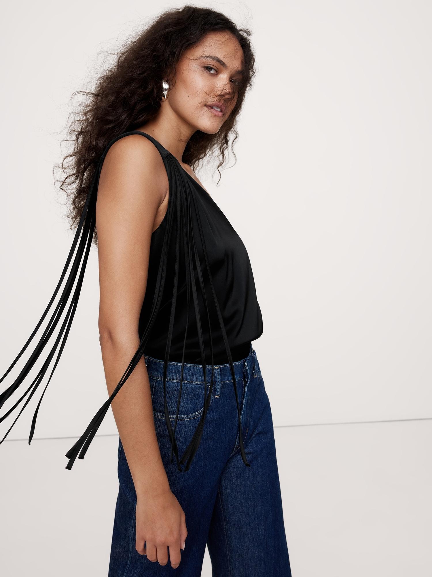 satin one-shoulder fringe top
