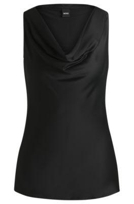 satin relaxed-fit blouse with cowl neckline- black women's business blouses
