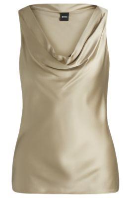 satin relaxed-fit blouse with cowl neckline- light beige women's business blouses