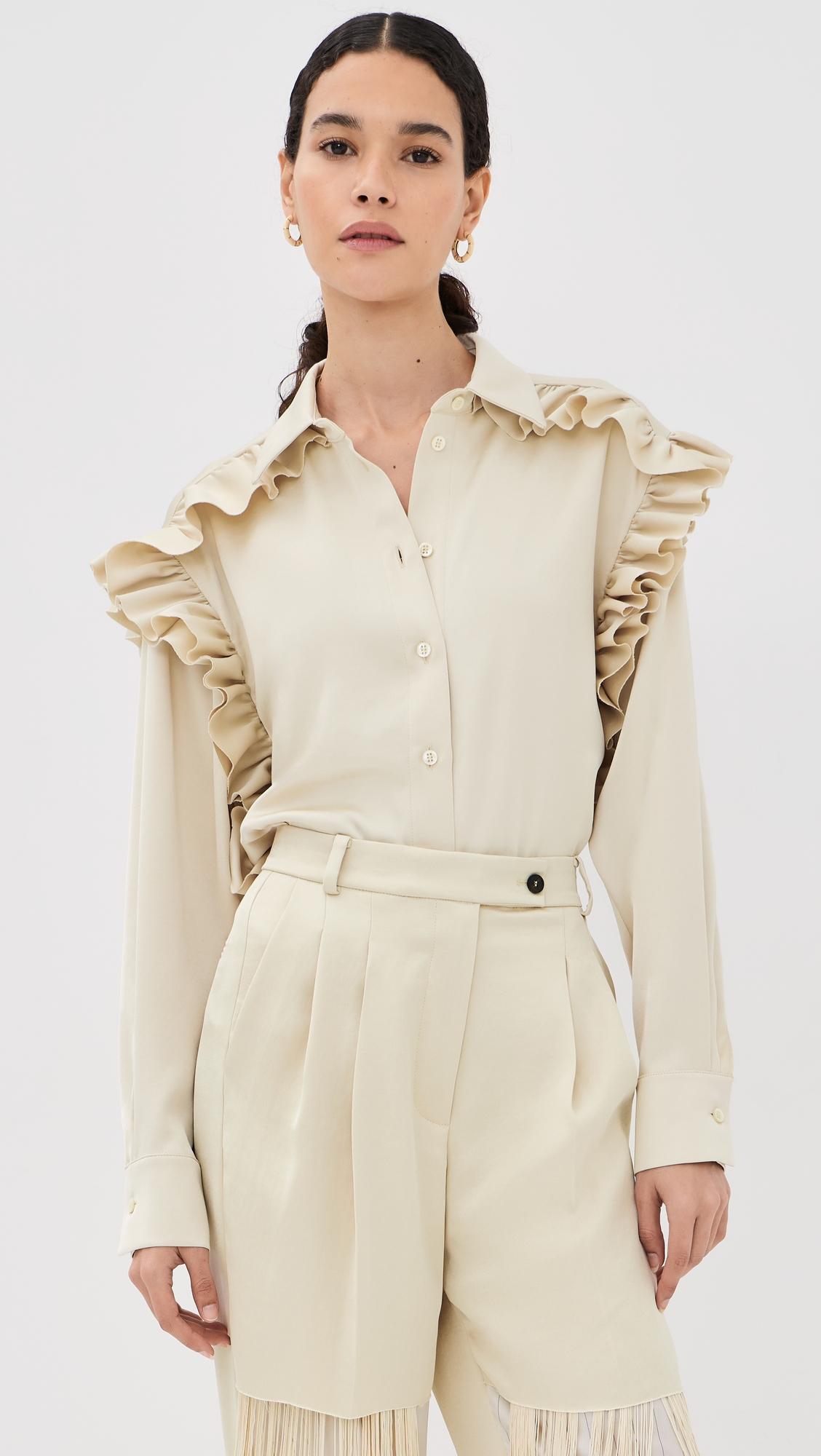 satin ruffled button down shirt
