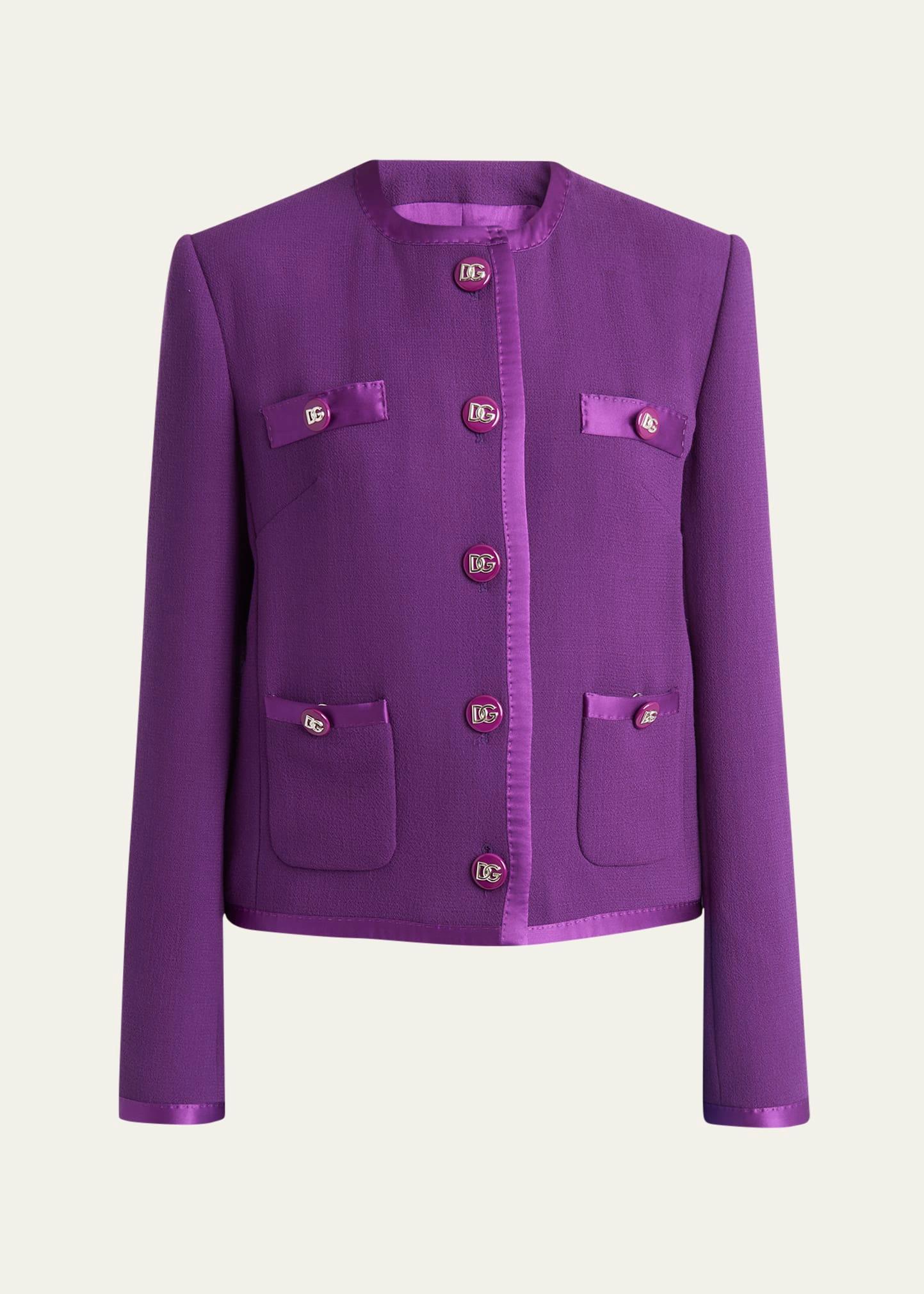 satin-trim wool crepe collarless jacket