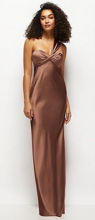 satin twist bandeau one-shoulder bias maxi dress