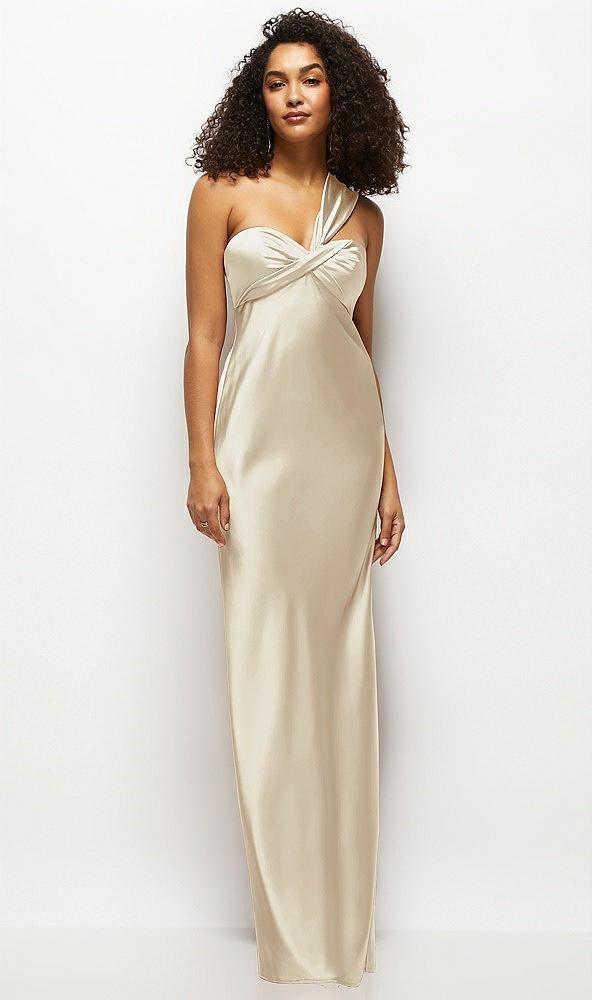 satin twist bandeau one-shoulder bias maxi dress
