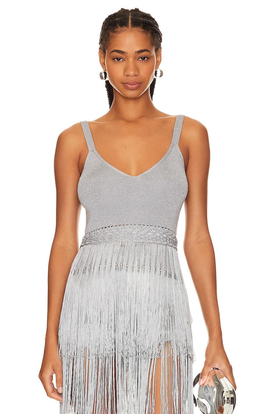 satine knitted fringe top in silver thread