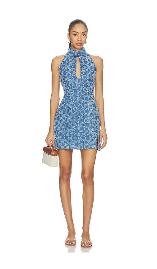 sau lee eva denim dress in blue.