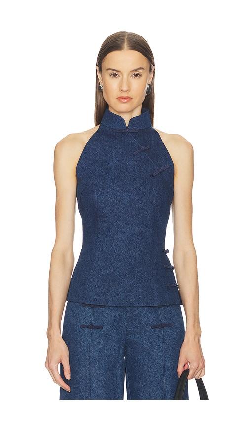 sau lee ezra denim top in blue.