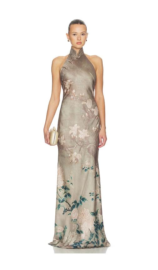 sau lee gillian satin dress in taupe.