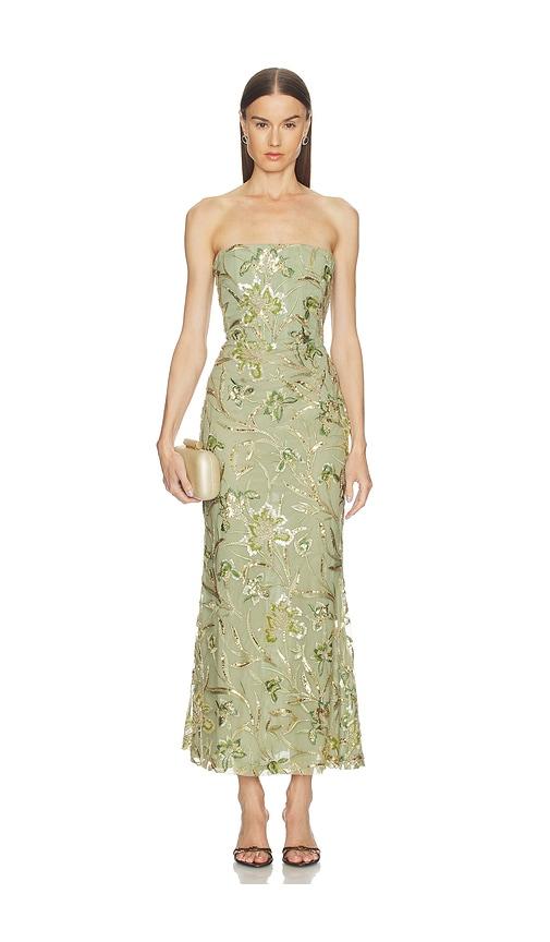 sau lee sable dress in sage,metallic bronze.