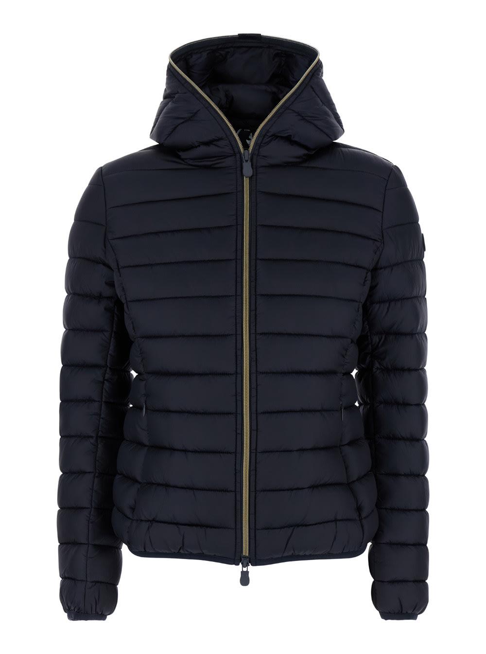 save the duck alexis blue hooded down jacket with tonal logo print in shiny nylon woman