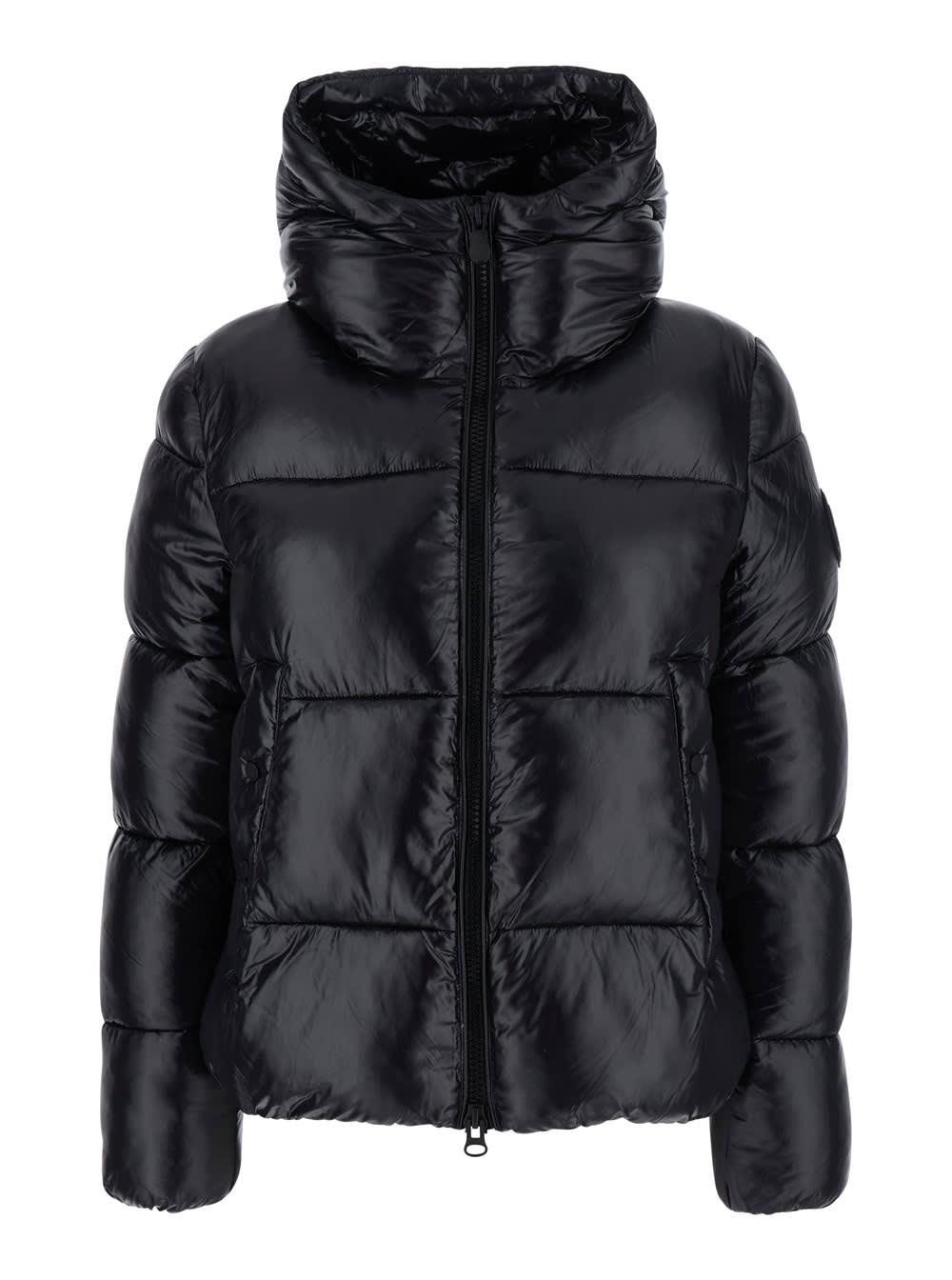 save the duck biddy black down jacket with hood and logo on the sleeve in tech fabric woman