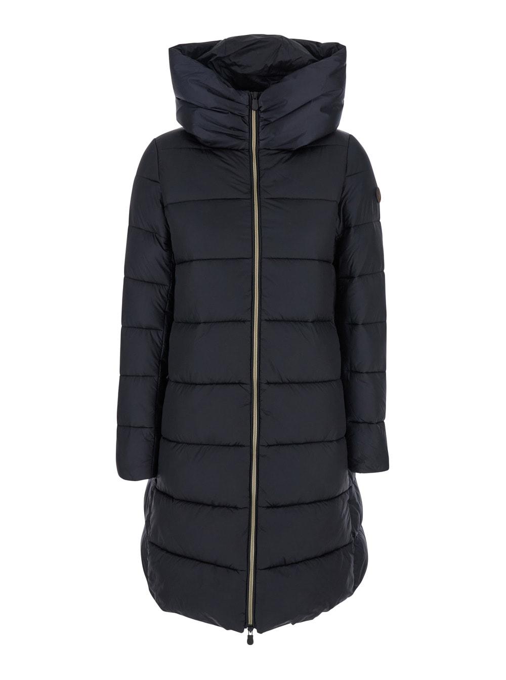 save the duck black down jacket with fixed hood and logo patch on the sleeve in tech fabric woman