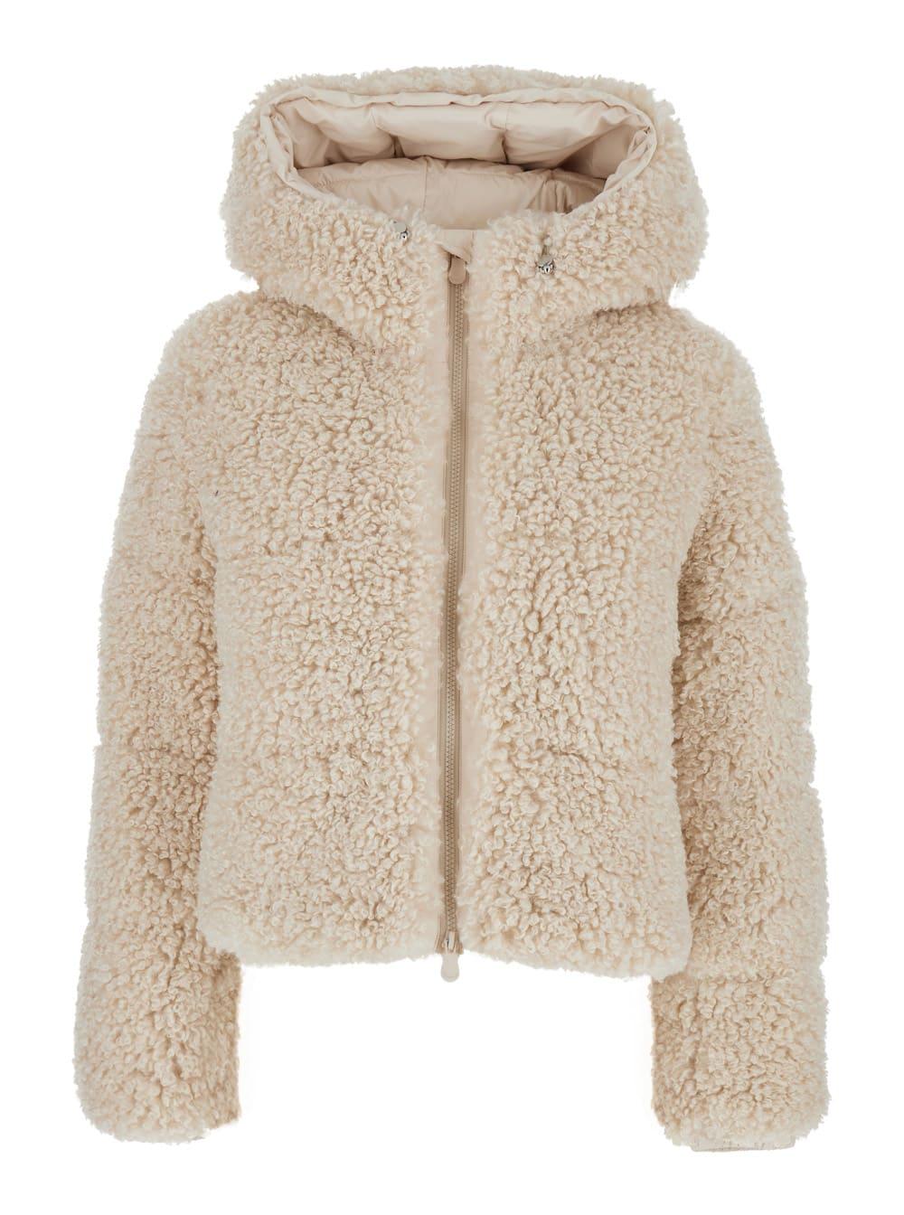 save the duck dada beige jacket with hood and logo patch on the sleeve in ecofur woman