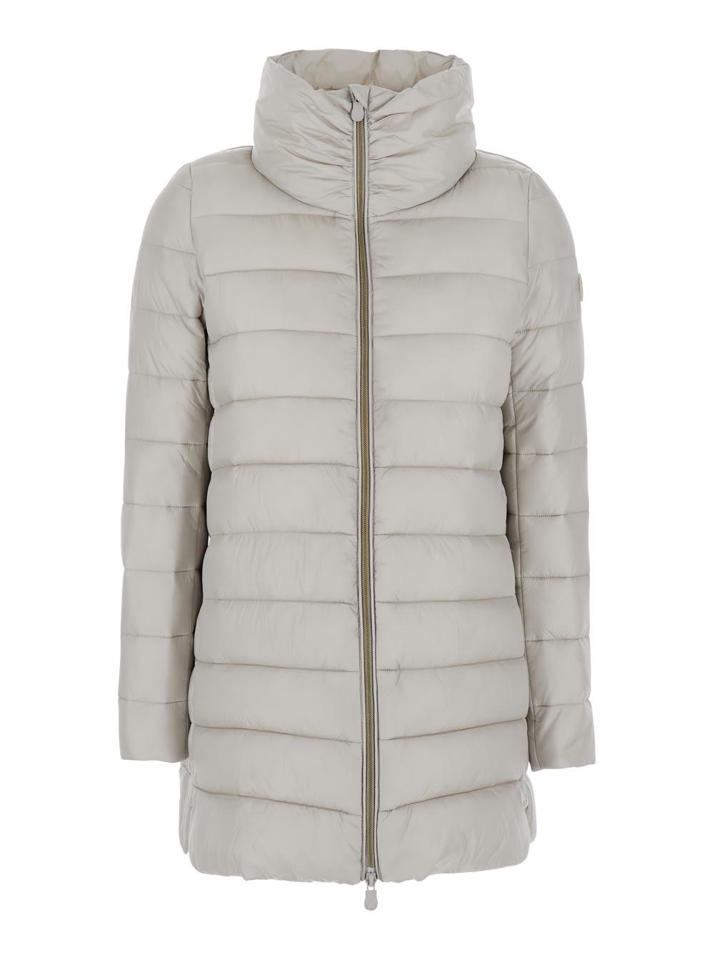 save the duck lydia beige down jacket with high neck and logo patch on the sleeve in tech fabric woman