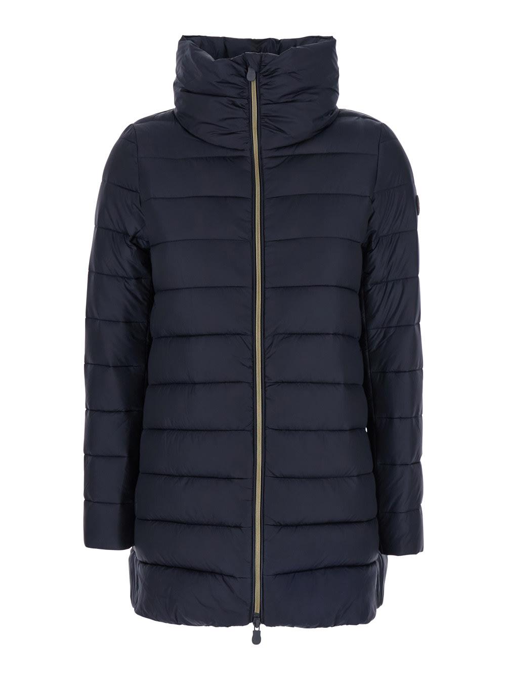 save the duck lydia blue down jacket with high neck and logo patch on the sleeve in tech fabric woman
