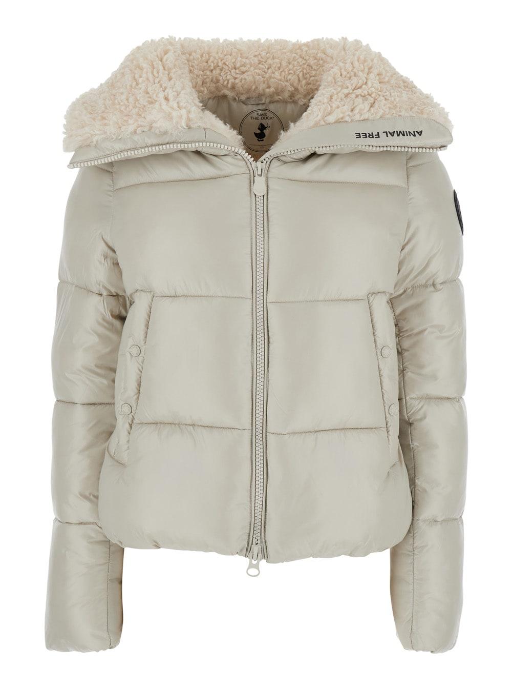 save the duck moma beige down jacket with fur collar and logo on the sleeve in tech fabric woman
