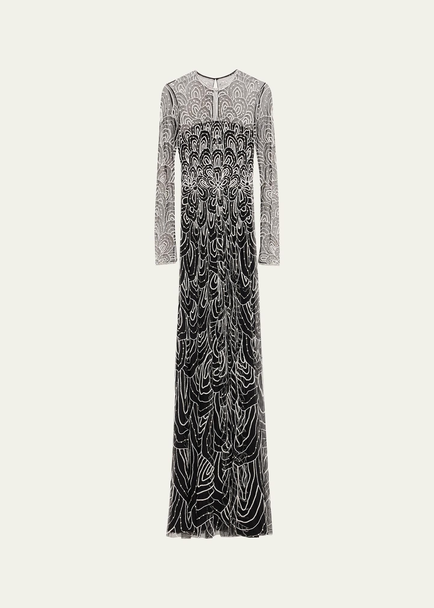 scallop embellished long-sleeve illusion gown