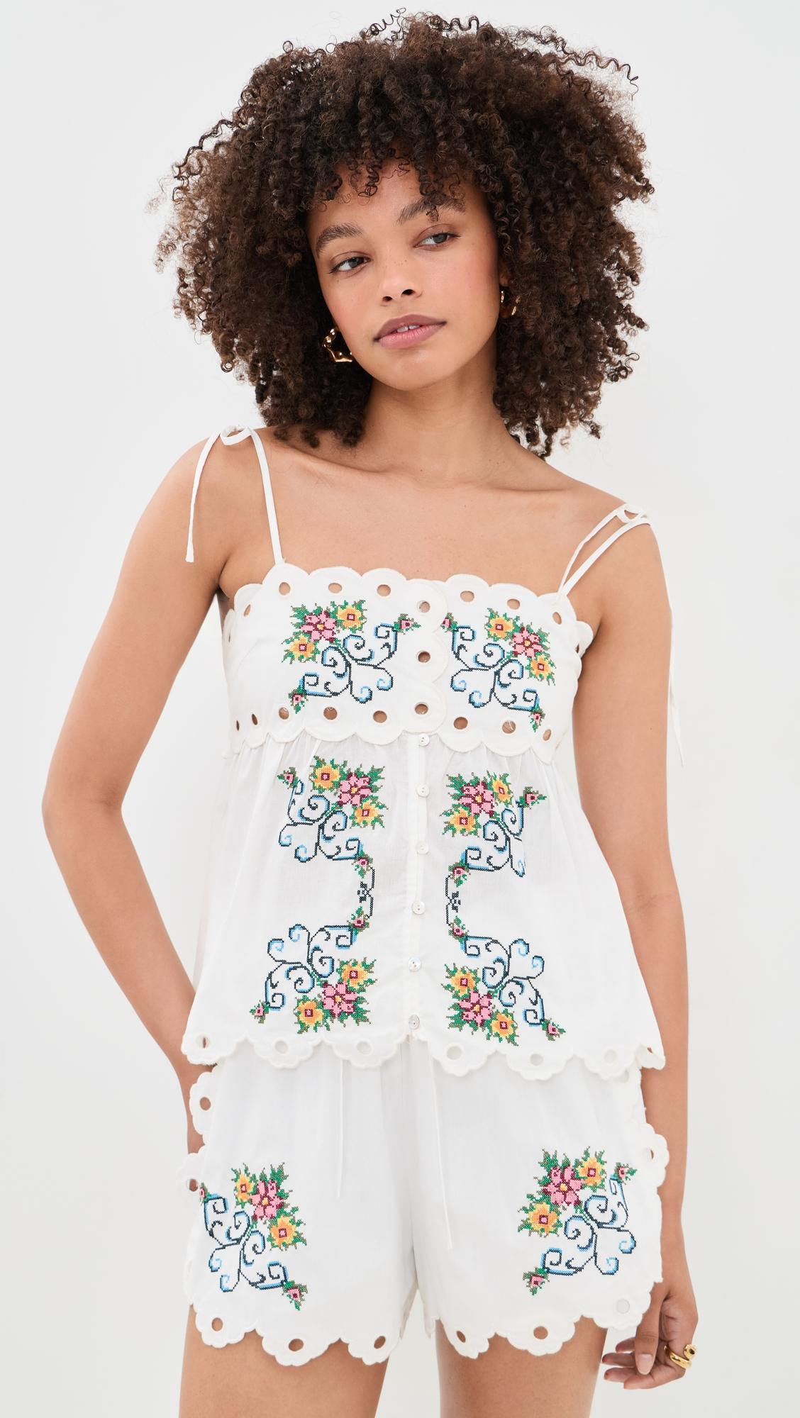 scallop floral embroidered top