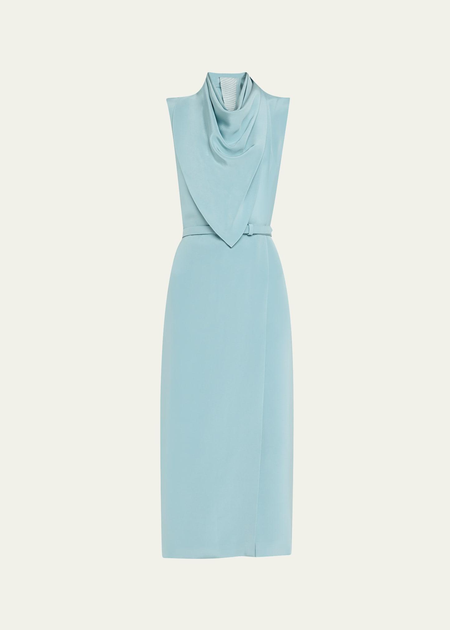 scarf drape silk crepe midi dress with belt