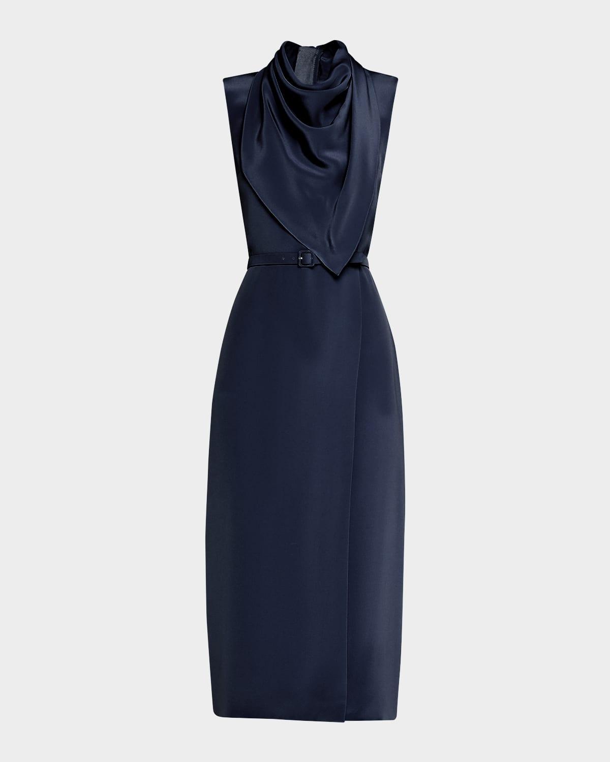 scarf drape silk crepe midi dress with belt