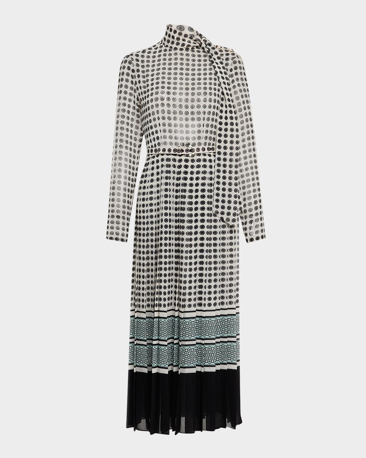 scarf-neck pleated midi day dress with belt
