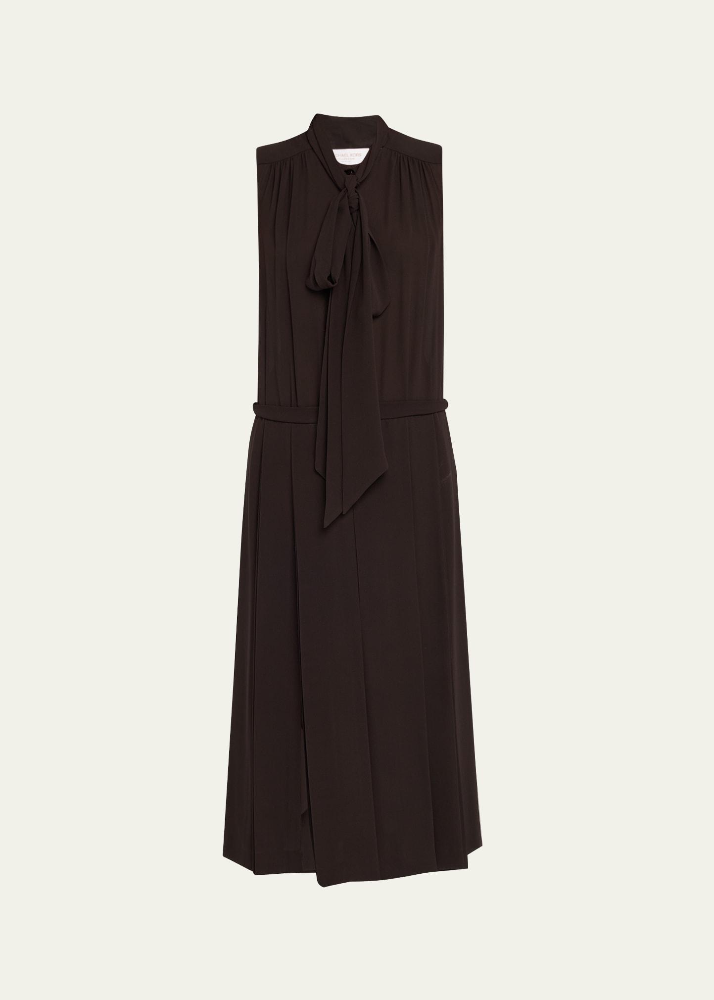 scarf-neck pleated silk midi shirtdress