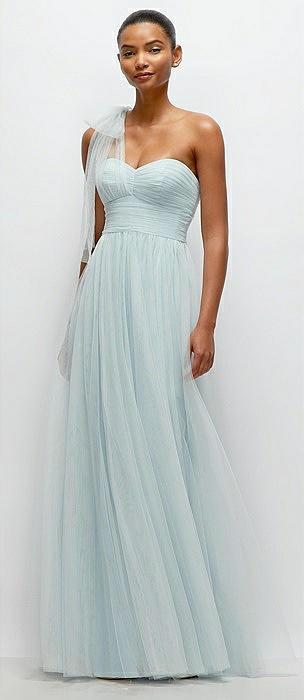 scarf tie one-shoulder tulle maxi dress with full skirt