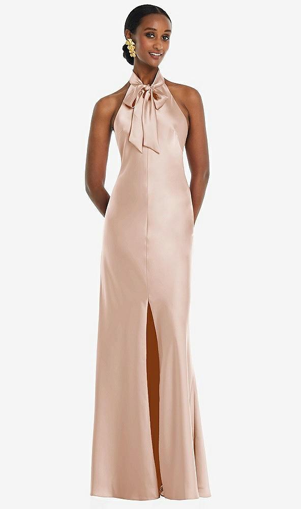 scarf tie stand collar maxi dress with front slit