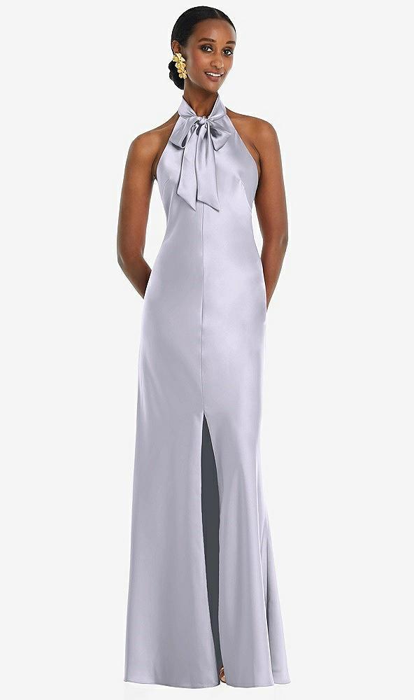 scarf tie stand collar maxi dress with front slit