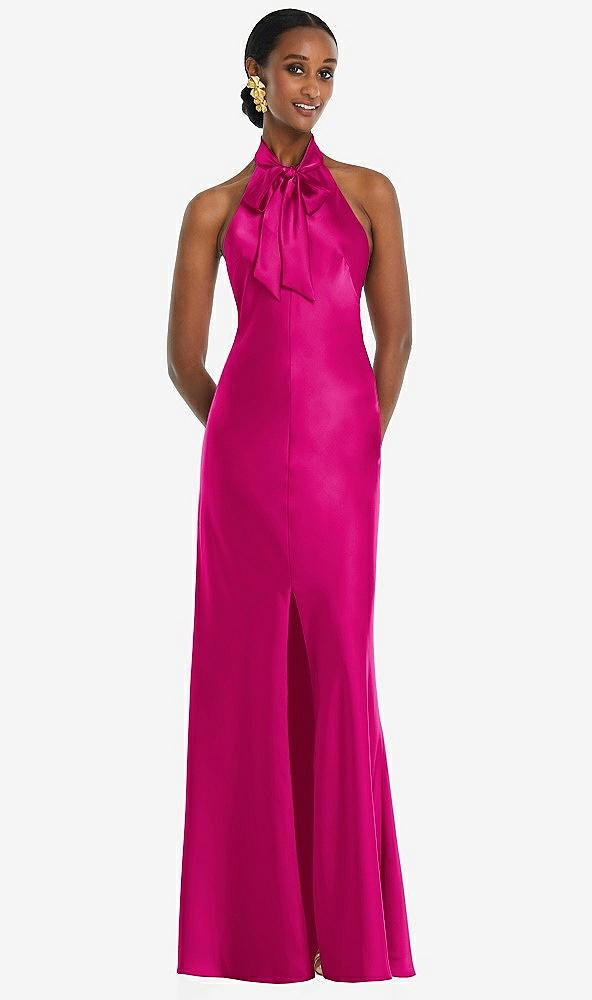 scarf tie stand collar maxi dress with front slit