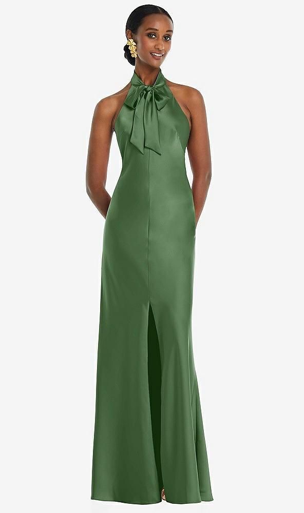 scarf tie stand collar maxi dress with front slit