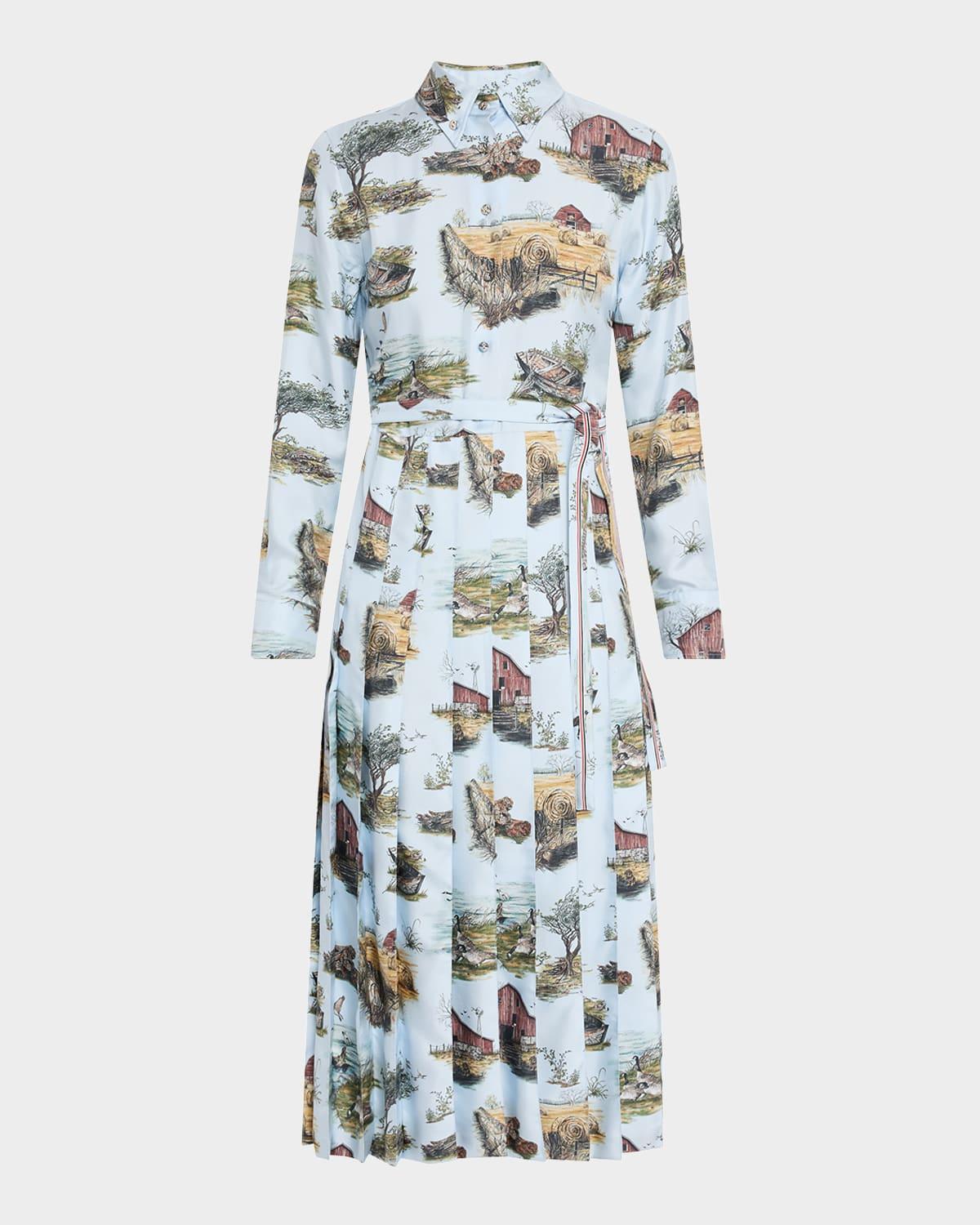 scenic toile silk twill pleated midi shirtdress with belt