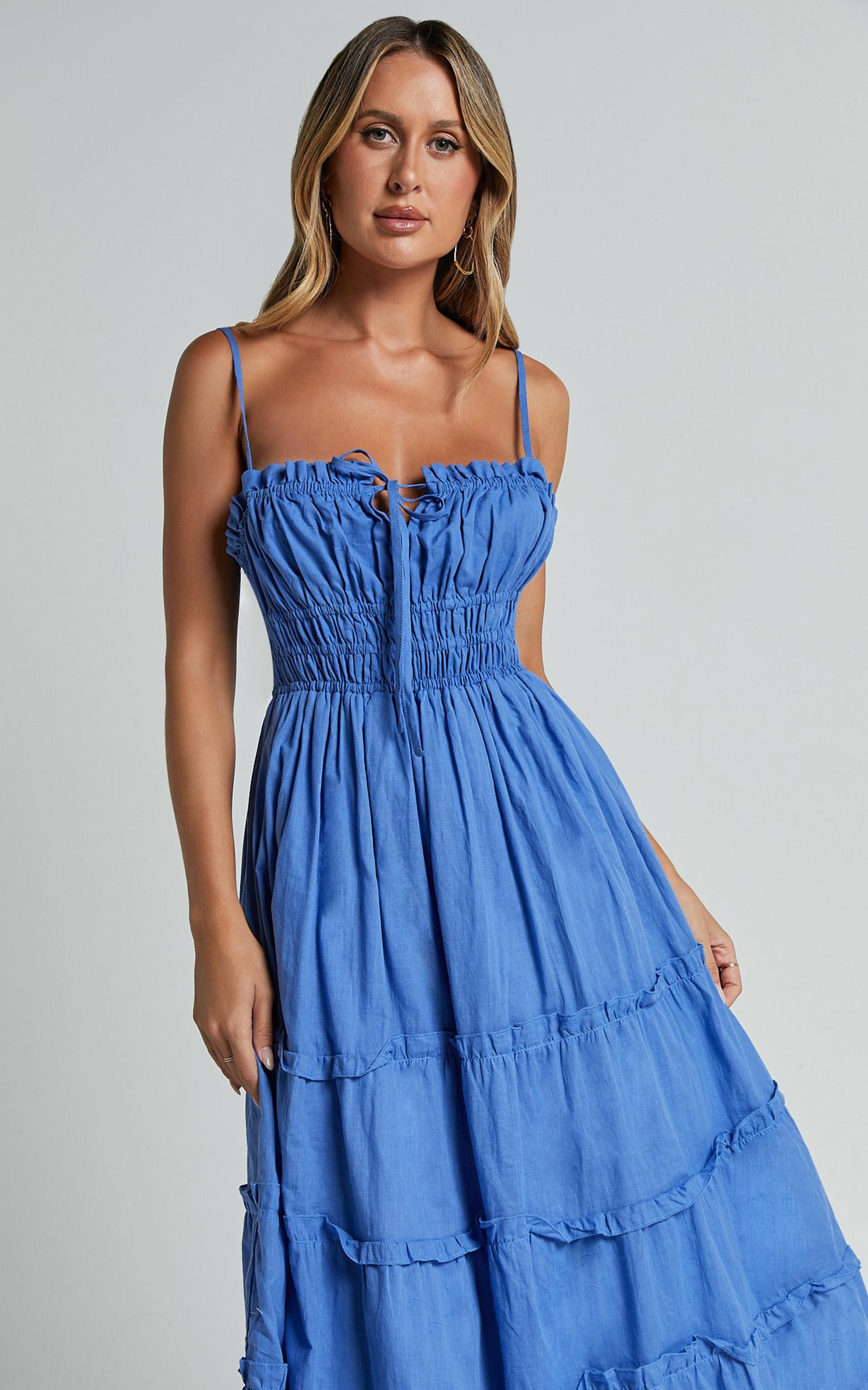 schiffer midi dress - strappy ruched tie front tiered dress in blue