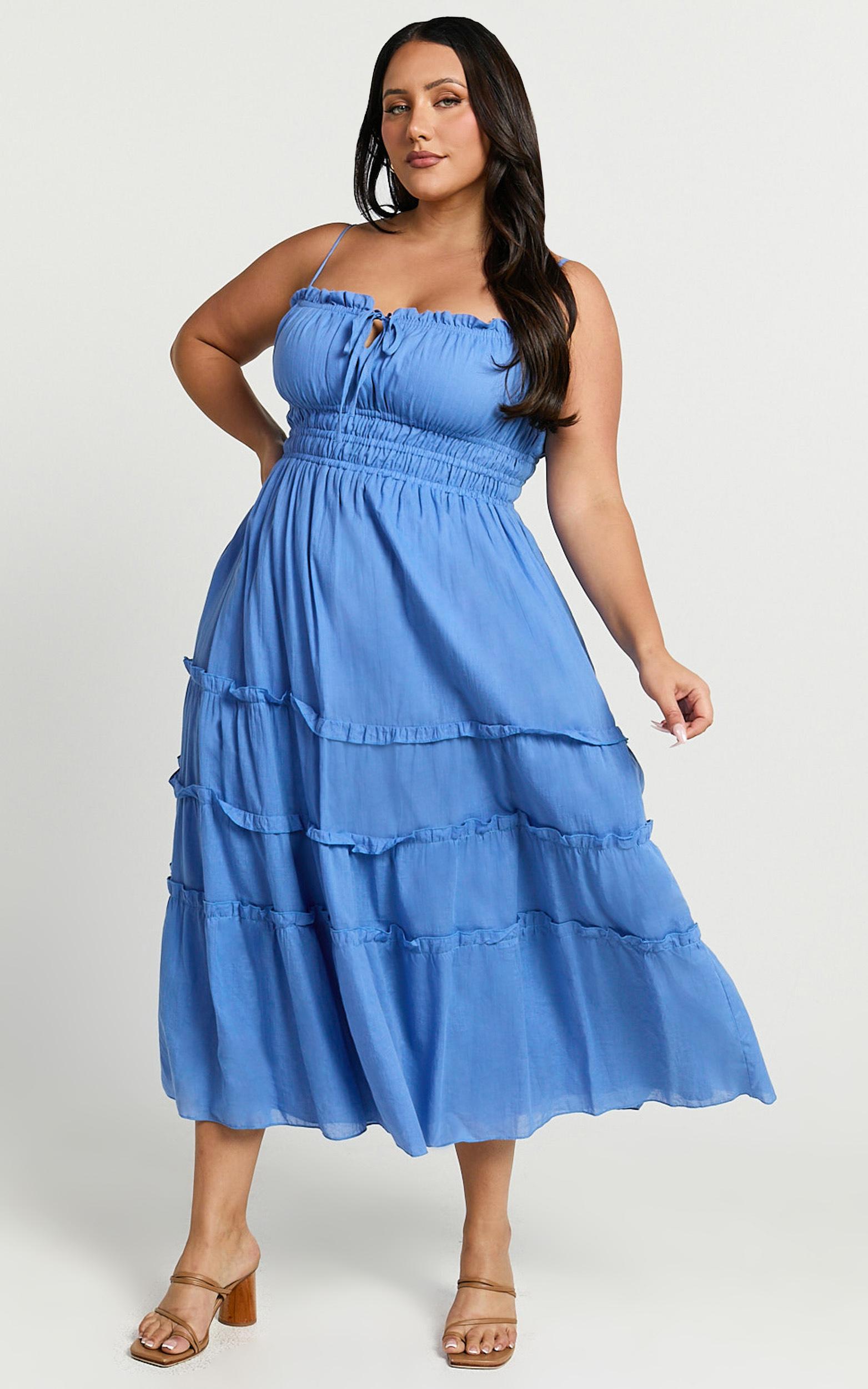 schiffer midi dress - strappy ruched tie front tiered dress in blue