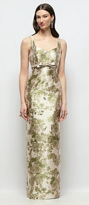 scoop neck abstract floral jacquard column maxi dress with bow empire waist